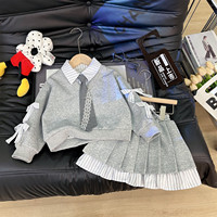 Ensemble de vêtements preppy pour fille automne 2026 : Sweat-shirt gris à patchwork avec cravate + Jupe plissée (2 pièces)