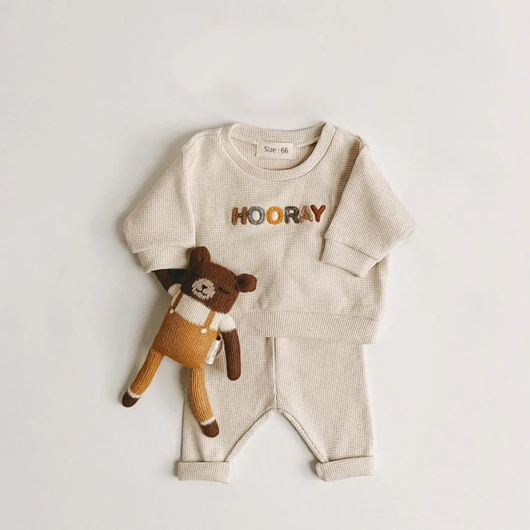 2-piece Spring Autumn Casual Baby Boys and Girls Waffle cotton Long Sleeve Top+Pants