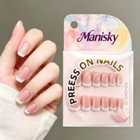 Faux ongles carrés courts à paillettes nude en ABS, style French Tip, à appliquer sur les doigts, vente en gros avec carte de présentation