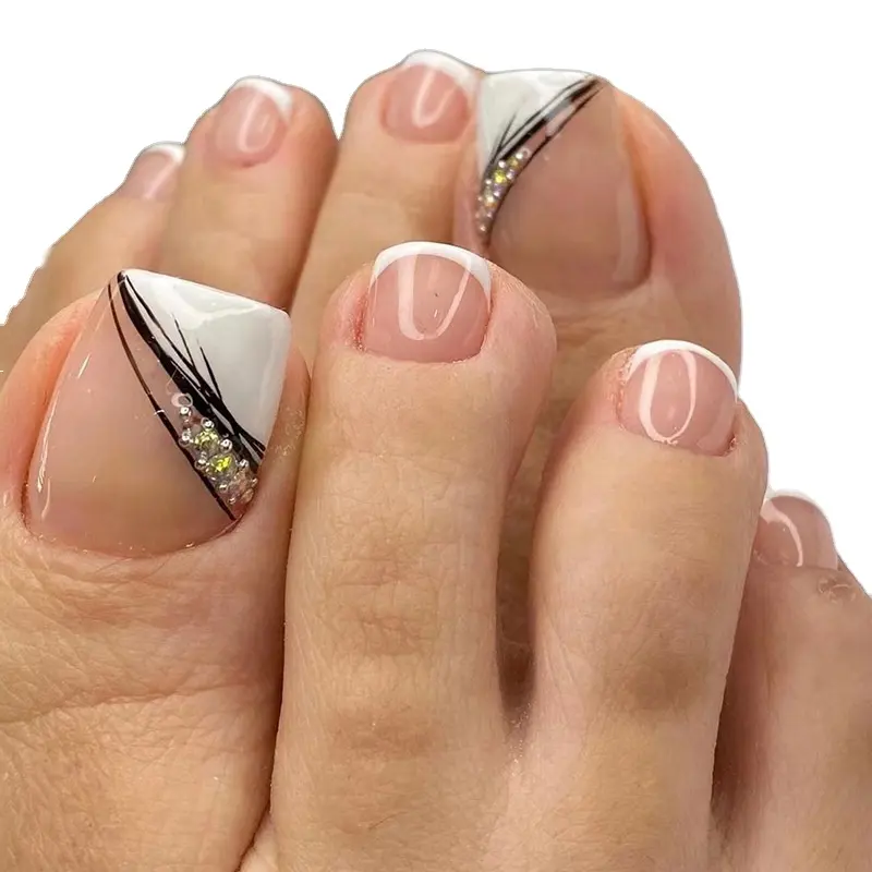 Factory Direct Sale French Toe Nail Designs False Toe Nail Art 24pcs Classic Diamond Artificial Press On Toe Nail