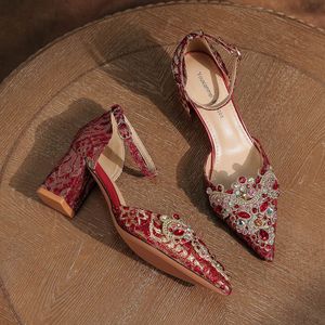 Youxiameng <b>Red</b> Embellished <b>Heeled</b> Wedding Shoes Women's Pointed Toe Ankle Strap Formal Dress Shoes Size 35-40 - Product Image 1