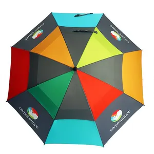 Advertising Straight Customized Logo Double Layer Windproof Fiber Frame Auto Open Bulk Imprinted Branded Golf Umbrella