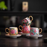 Service à café et à thé en céramique avec poignée et sous-verre, 6 pièces, design rétro de luxe léger, emballage cadeau