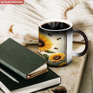 Mug en céramique noir givré de 11 oz à changement de couleur avec motif tournesol, base antidérapante, tasse de table anti-rayures - Product Image 3