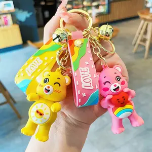 Hot Sale In Stock Promotion 3D Cartoon Rainbow Bear Key Chain Small Cute Key Ring 3D Cheap Gifts For Kids