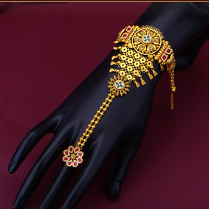 Traditional <b>gold</b> hath panja bridal hand chain with floral motifs kundan stones elegant wrist bracelet ring <b>set</b> for weddings - Product Image 1