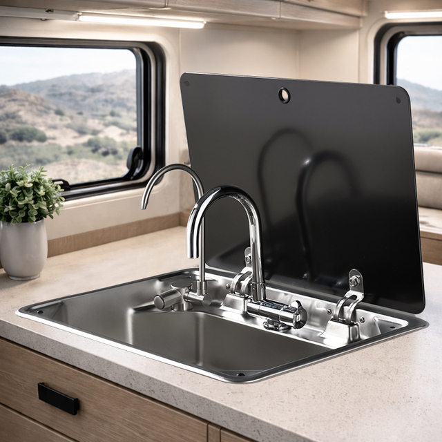 RV Kitchen Sink Stainless Steel with Foldable Faucet and Glass Lid for Campervan Motorhome
