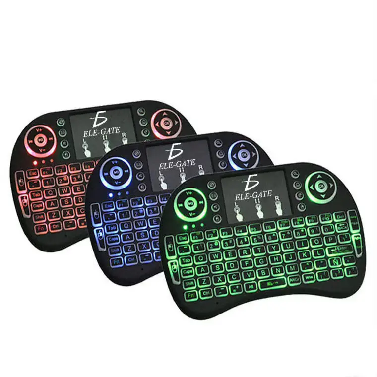 I8 portátil diseño personalizado retroiluminación 2,4 GHz Mini teclado inalámbrico de mano caja de Color Usb óptico USB 2,0 Smart Tv Mini teclado