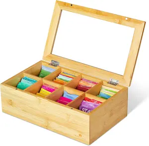 FSC wooden tea box with glass lid bamboo tea bag tea wood box with 8 compartments wood boxes