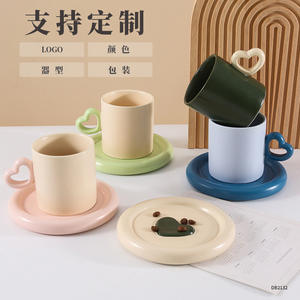 Nordic Heart Shape Ceramic Coffee Mug <b>Set</b> Off White Green Cylinder <b>Saucer</b> For Afternoon <b>Tea</b> - Product Image 3