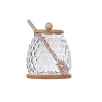 Pot à miel en verre borosilicate de haute qualité avec couvercle en bambou et cuillère, pot à miel hermétique en verre motif nid d'abeille avec base en bois