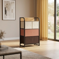 Table de chevet de style nordique avec 4 tiroirs en tissu, commode de rangement, cadre métallique incurvé, table de nuit avec plateau en bois pour la maison, le bureau ou la chambre