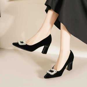 7188N-172 Slip-On Solid Comfort Pumps Square Toe <b>Block</b> Heel Velvet Rhinestone Decor Formal Women's Shoes - Product Image 3