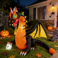 Dragon noir ailé gonflable de 8 pieds pour Halloween, décorations de fête en plein air avec lumières LED intégrées