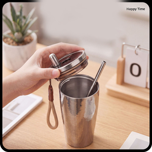 Tasse de voyage isotherme à double paroi en titane pur de qualité alimentaire 99 %, 500 ml, avec paille et cordon, maintien au chaud et au froid pendant 12h - Product Image 5
