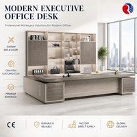 Bureau de direction en forme de L avec double rangement sur pied, plateau en grain de bois gris foncé, corps beige, bureau de direction pour PDG, directeur