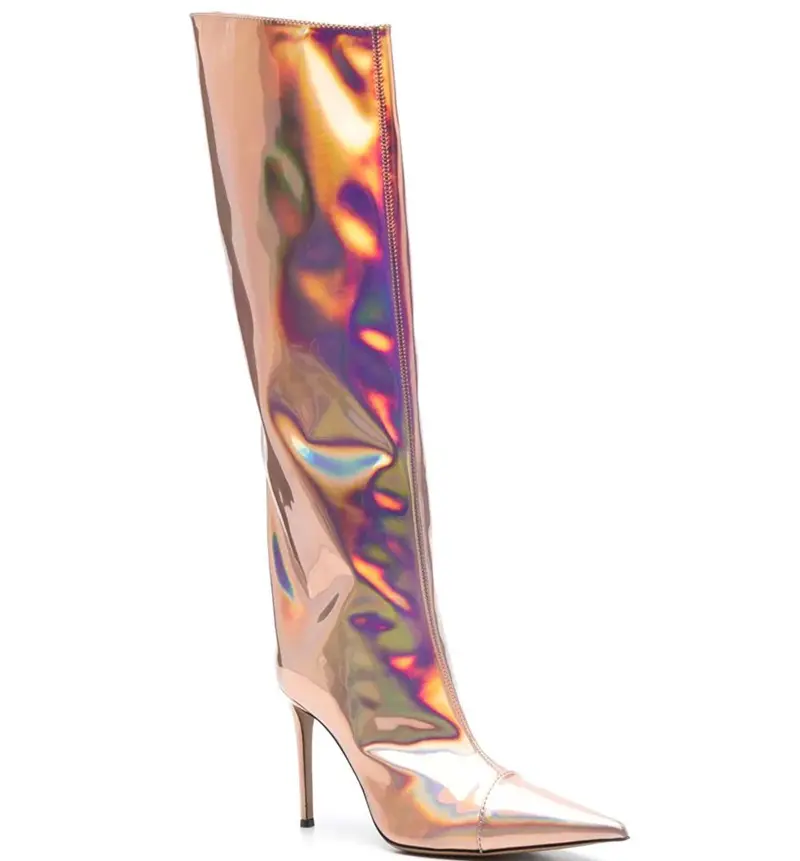 Stivali a specchio Sexy Runway tacchi a spillo scarpe a punta da donna tacchi alti alla coscia stivali metallici cerniera lunga Mujer Botas 2022