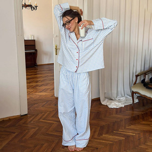 Set <span class=keywords><strong>Pigiama</strong></span> a Quadri in Puro <span class=keywords><strong>Cotone</strong></span> SMOOTH, Maniche Lunghe, Primavera ed Estate, Confortevole e Delicato sulla Pelle, Abbigliamento da Casa per Donne - Product Image 1