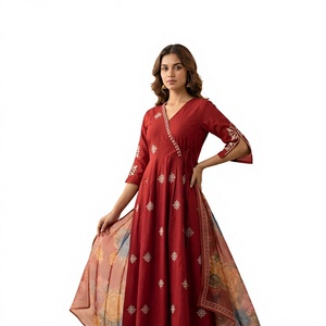 Vestido Anarkali Rojo Bordado para Mujer, Cuello en V, Corte en A, Formal, Diario, Informal, con Chal Floral, Cintura Natural, Absorbe la Humedad - Product Image 1