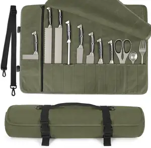 BSCI Custom Waterproof Waxed Canvas Knife Case Holds Travel Chef Knife Roll Bag