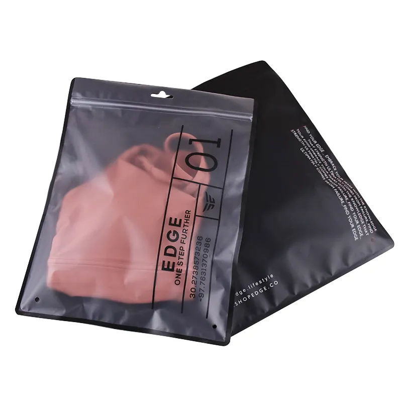 Özel baskı şeffaf pencere sis giysi paketi buzlu plastik kilitli mat siyah açılıp kapanabilir sızdırmazlık üst markalı çanta
