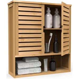 Sleek Bathroom Wall Cabinet Bamboo Wall Mount Medicine Cabinet <b>Storage</b> Organizer Double <b>Doors</b> & 3 Tier Adjustable Bathroom Shelf - Product Image 1