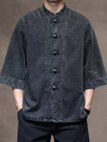 Nouveau LANBO C162 – Veste homme style chinois rétro en jean boutonnée, coupe ample grande taille, manches trois-quarts, respirante et délavée à l'acide