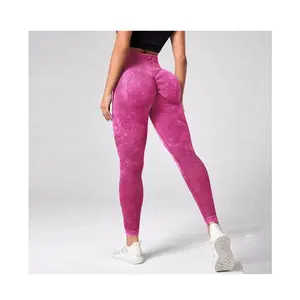 Celana yoga wanita, celana legging yoga tanpa kelim dicuci fitness punggung putih kerut pinggang tinggi untuk dewasa