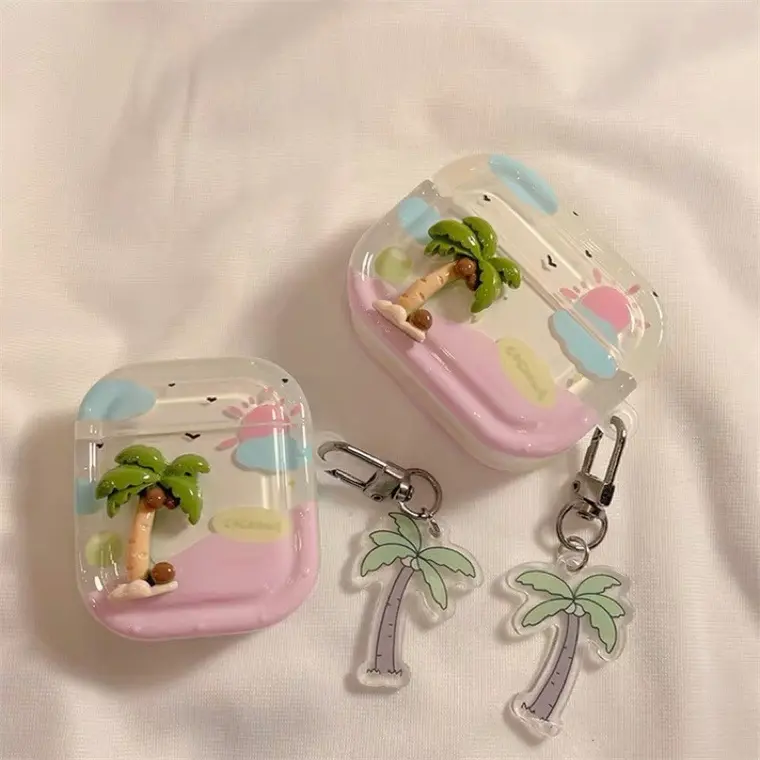 Cho AirPods 1 2 3 Pro shock-proof mềm TPU Shell màu hồng bãi biển Stereo cây dừa Keychain tai nghe Bảo vệ trường hợp