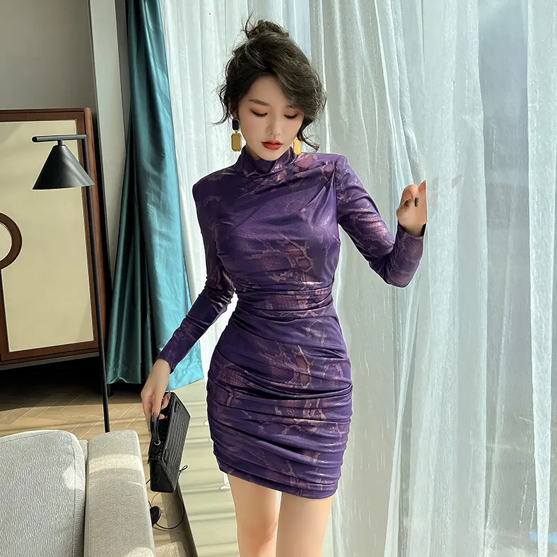 ZYHT 30007 Fashion Women Sexy Stand Collar Long Sleeve Bronzing Printed Elegant Purple Dress Ruched Bodycon Dress