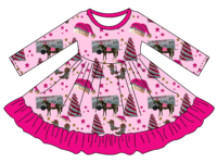 Meilleure vente Robe de Noël à manches longues imprimée Père Noël pour filles jupe évasée à volants pour enfants vêtements en bambou très doux