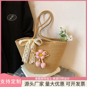 Women's Summer Bohemian Woven Bucket Tote Bag With Floral Decoration Handmade Shoulder Crossbody Bag For Everyday Use - Product Image 4