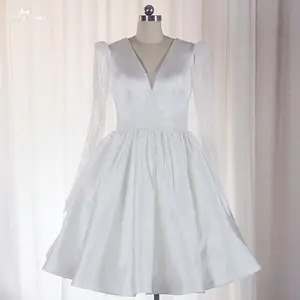 LZ513 классическое кружевное атласное платье до колен с V-образным вырезом и длинным рукавом, бальное платье с аппликацией цвета слоновой кости, Короткое свадебное платье
