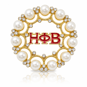 Spilla Decorativa Ispirata alla Sorority <span class=keywords><strong>Eta</strong></span> Phi Beta, con Logo Smaltato Rosso, Perle e Pietre Brillanti, Placcata in Oro, Stile Greco EPB - Product Image 1