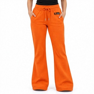 Pantalon flare orange pour femme en polaire, taille mi-haute à cordon de serrage, coupe décontractée, longueur intégrale, couleur unie, avec poches, coupe ample, pour l'automne - Product Image 1