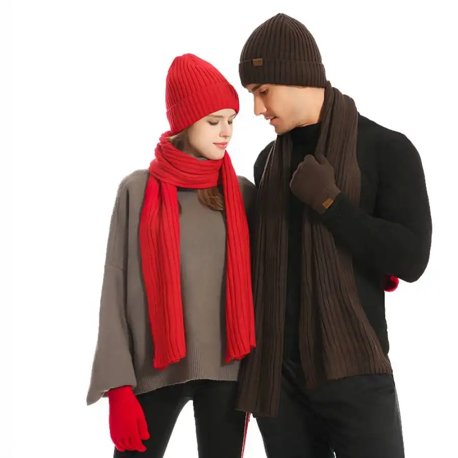 2024 Unisex Cashmere in maglia tinta unita guanti invernali caldi in lana berretto e sciarpa Set