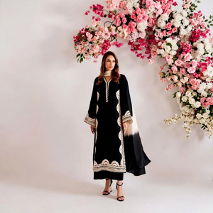 Ensemble de robe pour femme en tissu noir brodé, style kaftan ample, haut et jupe longue jusqu'aux chevilles, tenue élégante décontractée - Product Image 1