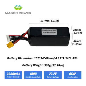Batteria Lipo ad Alta Potenza 150C 200C 22.2V 6S 2000mAh per Droni da Corsa FPV e Aeroplani con Connettore XT60 - Product Image 1