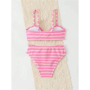 FOXA Girls 2 Piece Striped <b>Bikini</b> <b>Set</b> Knot Front Spaghetti Strap Bandeau Top High Waisted Panties Beachwear - Product Image 2