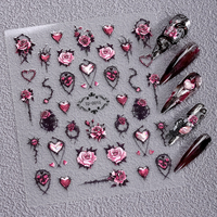 Autocollants et décalcomanies pour ongles DIY Halloween, en plastique gaufré 3D 5D, style gothique, motif rose sombre et cœur français en relief