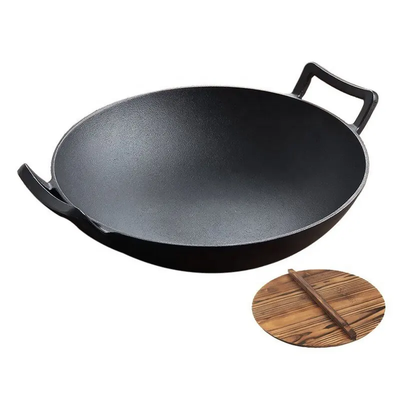 Poêle à frire solide à l'huile végétale pour wok en fonte antiadhésif polyvalent avec poignée et couvercle à double boucle
