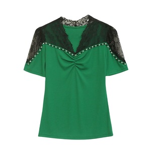 Nueva <span class=keywords><strong>Camiseta</strong></span> <span class=keywords><strong>de</strong></span> Diseño Moderno con Cuello Redondo y Cuentas, <span class=keywords><strong>de</strong></span> Color Sólido y Manga Corta para <span class=keywords><strong>Mujer</strong></span> - Product Image 5