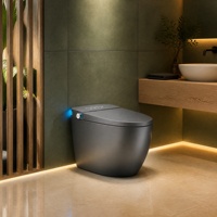 WC intelligent gris mat monobloc allongé sans réservoir avec bidet à chasse automatique, siège chauffant et écran LED pour salle de bain