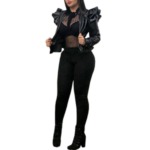 Giacca Corta da Donna in <span class=keywords><strong>Ecopelle</strong></span> Nera con Maniche Lunghe, Cerniera e Volant, Stile Motociclista, Slim Fit - Product Image 6