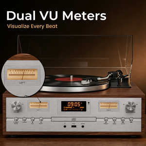 Tocadiscos Clásico Inspirado en un Fonógrafo, con Medidor VU Retro, Reproductor de Vinilo, CD <span class=keywords><strong>y</strong></span> Reproducción Automática Inalámbrica - Product Image 3