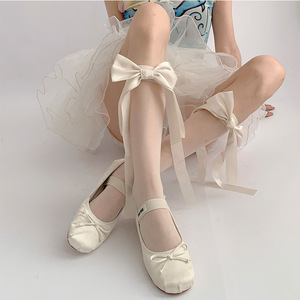 Fairy Bow Lolita Black Stockings Mid Calf Thin 15D Nylon Transparent Women's Spring Socks - Product Image 3