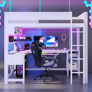 White <b>Gaming</b> Loft Bed With Desk Storage And Ambient <b>Lighting</b> For Bedroom Use - Product Image 1