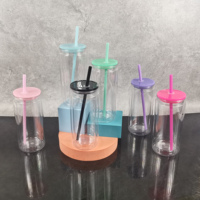 Gobelets en plastique transparent de 16 oz pour globe à neige, en acrylique à double paroi, pré-percés, avec couvercles colorés et paille, entrepôt américain