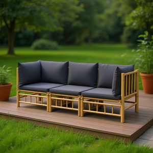Conjunto de Sofás Modulares de Bambú para Jardín, Color Gris Oscuro, con Cojines, Muebles de Exterior de Estilo Tropical - Product Image 2
