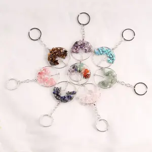 Luxury Natural Gemstone Keychains key ring key chain Beaded Tree of Life Chakra Healing Crystal Keychains for gift